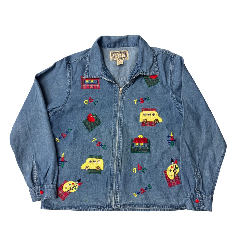 Vintage Tantrum Blues School Teacher Denim Shirt Jacket Embroidered Zip Up